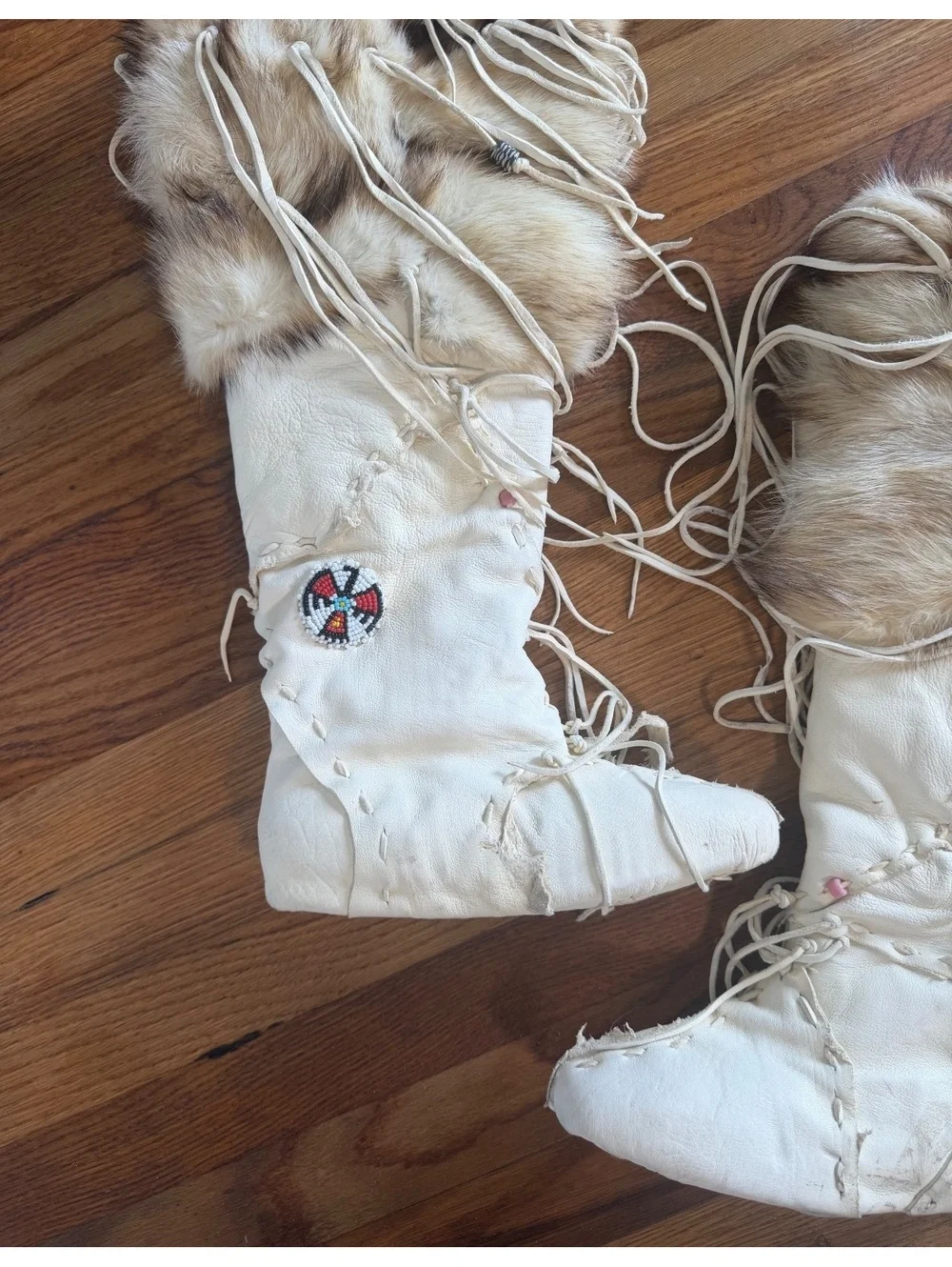 Handcrafted White Leather and Fur Moccasin Boots with Beaded Design